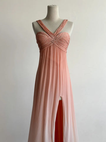 Niulatu V-neck Sheath Long Prom Dresses Vintage Chiffon Peach Evening Dress with Slits HZ1026